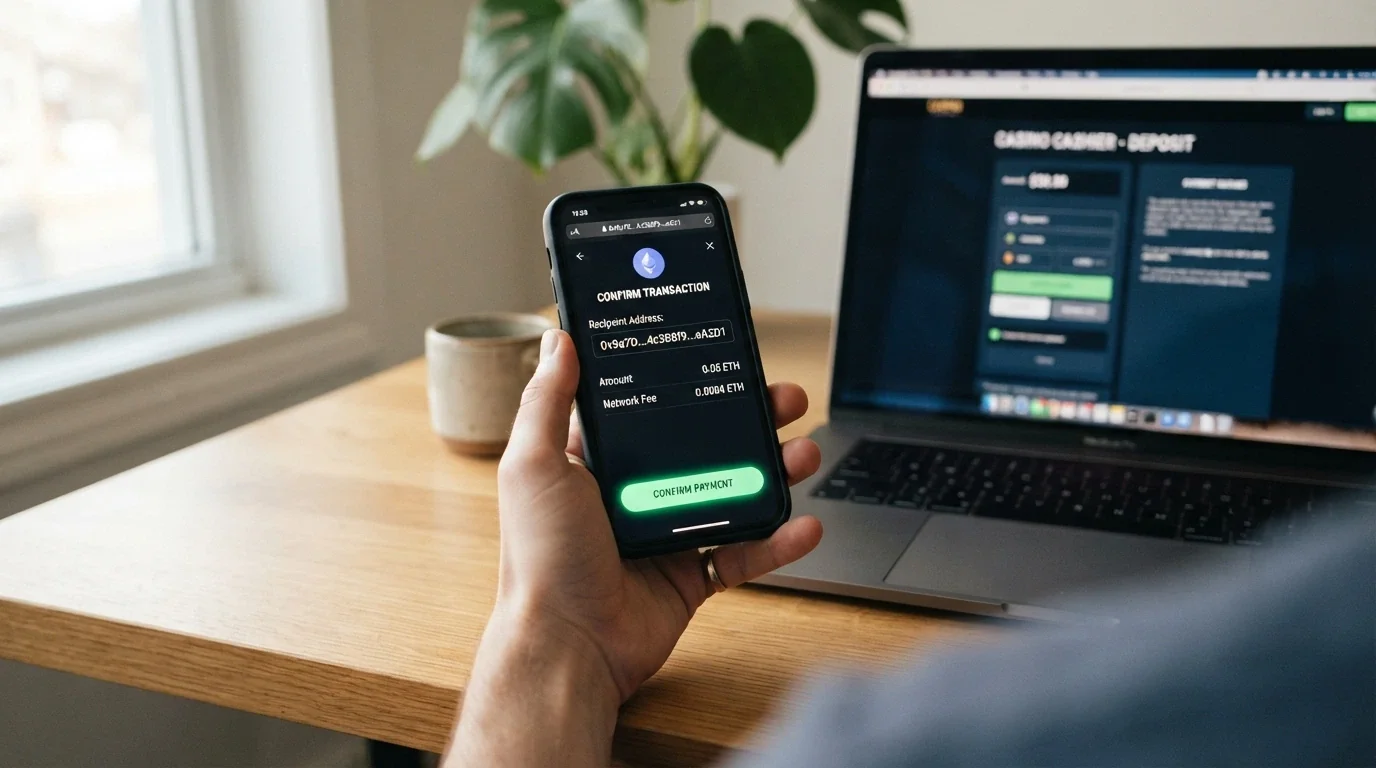 Cartera de criptomonedas mostrando una transacción BEP-20 hacia un casino online, con la interfaz del cajero del casino de fondo