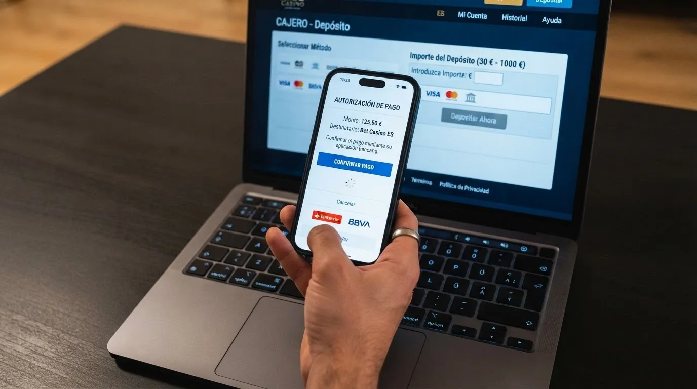 Primer plano de una mano sujetando un móvil con la pantalla de autorización de pago de CaixaBankNow abierta, sobre el teclado de un portátil que muestra el cajero de un casino online