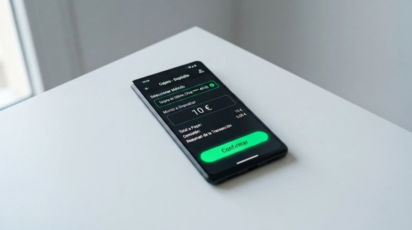 Captura de pantalla del cajero de un casino online español con Apple Pay seleccionado como método de depósito, mostrando el importe a ingresar y el botón de confirmación