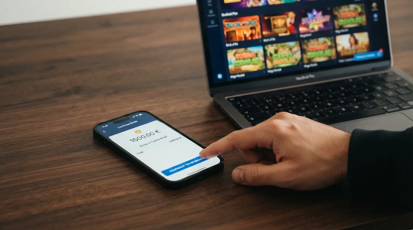 Un monedero de criptomonedas en la pantalla de un ordenador junto a la interfaz de un casino online, con una flecha que conecta ambos