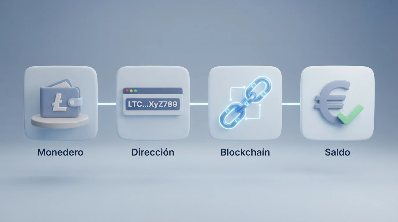 Infografía del proceso de depósito con LTC: monedero personal, dirección del casino, confirmación en blockchain y saldo acreditado.