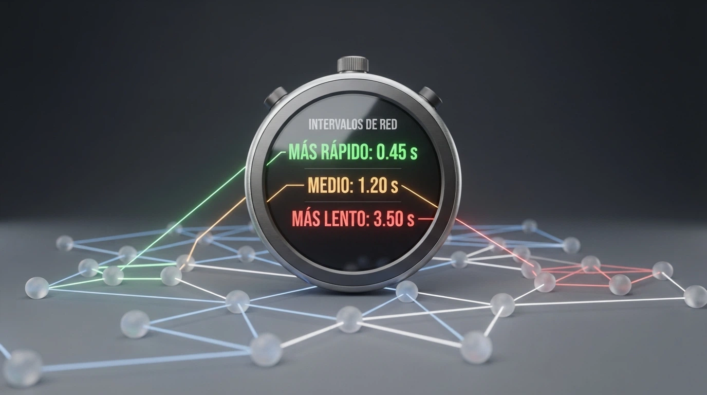 Un cronómetro digital sobre un mapa de nodos de blockchain con transacciones confirmándose, mostrando tiempos de 10, 30 y 60 minutos para distintas criptomonedas