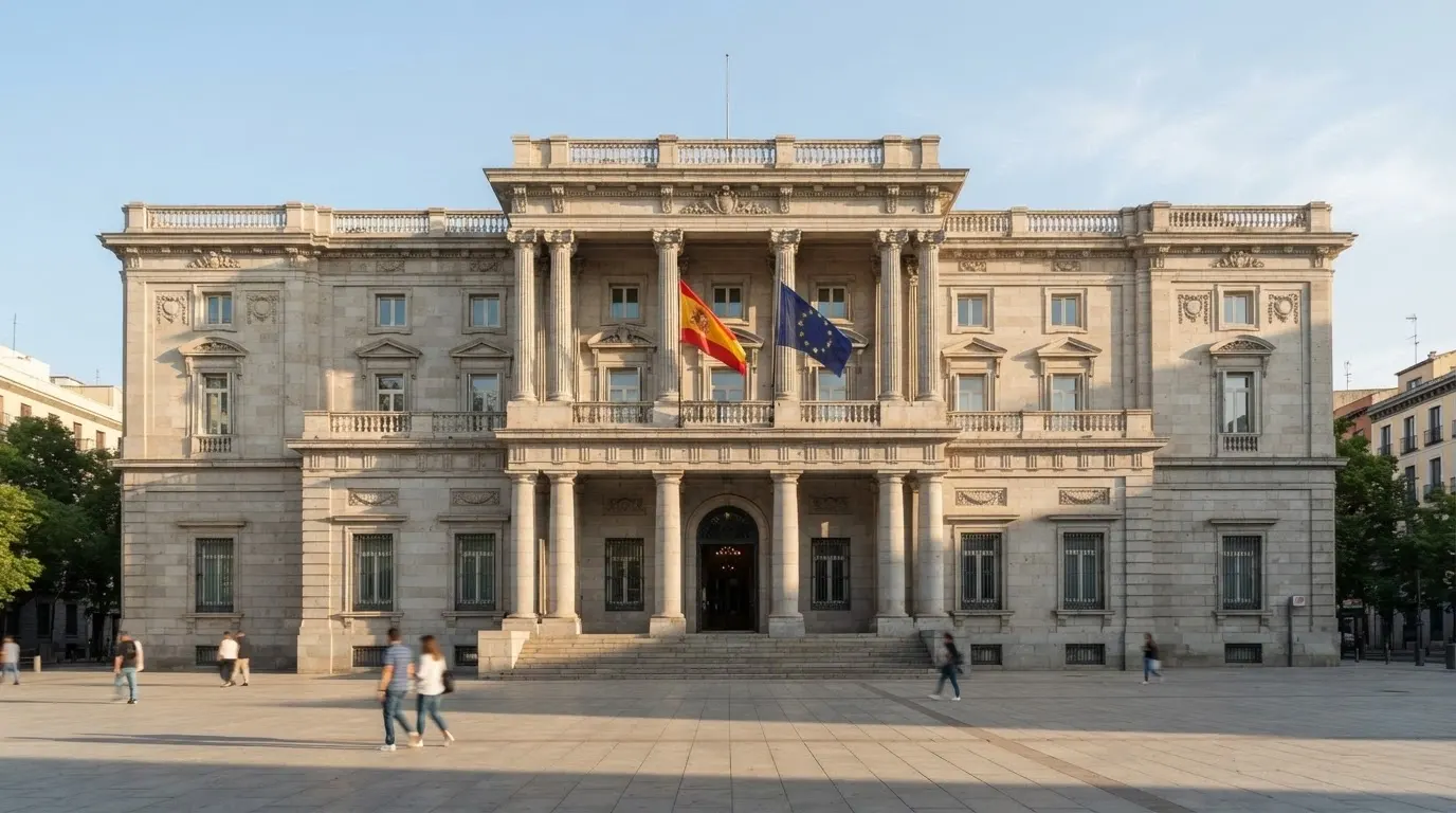 La fachada de la sede de la Dirección General de Ordenación del Juego en Madrid, con la bandera de España y de la Unión Europea visibles