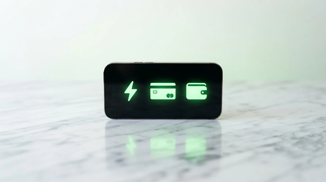 Un teléfono móvil mostrando tres iconos de métodos de pago — Bizum, tarjeta y Apple Pay — sobre un fondo verde de verificación