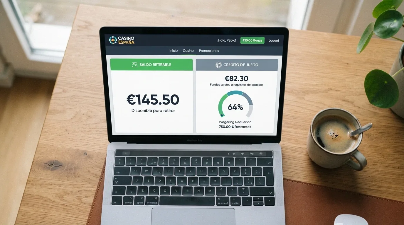Comparación visual entre un saldo retirable en efectivo y un saldo de crédito de juego bloqueado por requisitos de apuesta en la interfaz de un casino