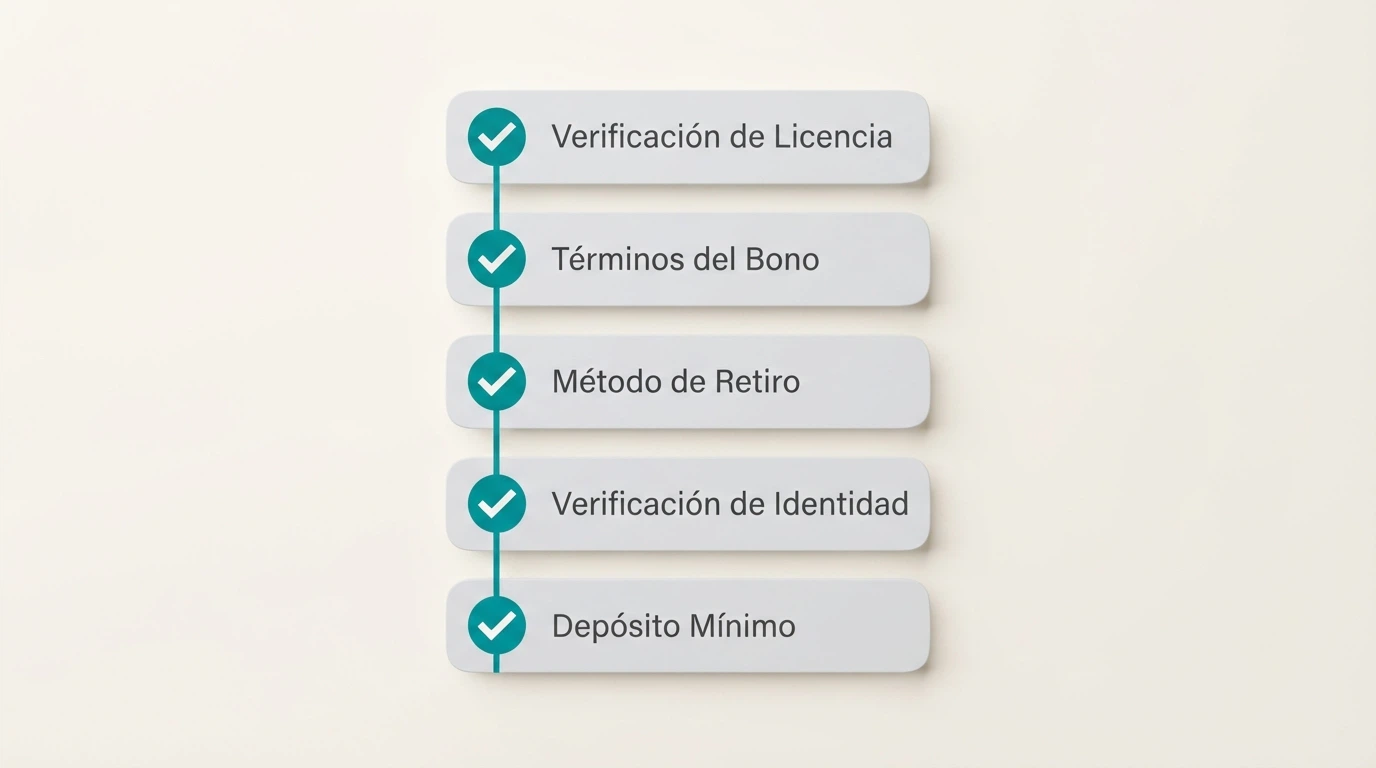 Lista de verificación visual con los cinco criterios clave para evaluar un casino con XRP: licencia, bono, retiros, KYC y depósito mínimo