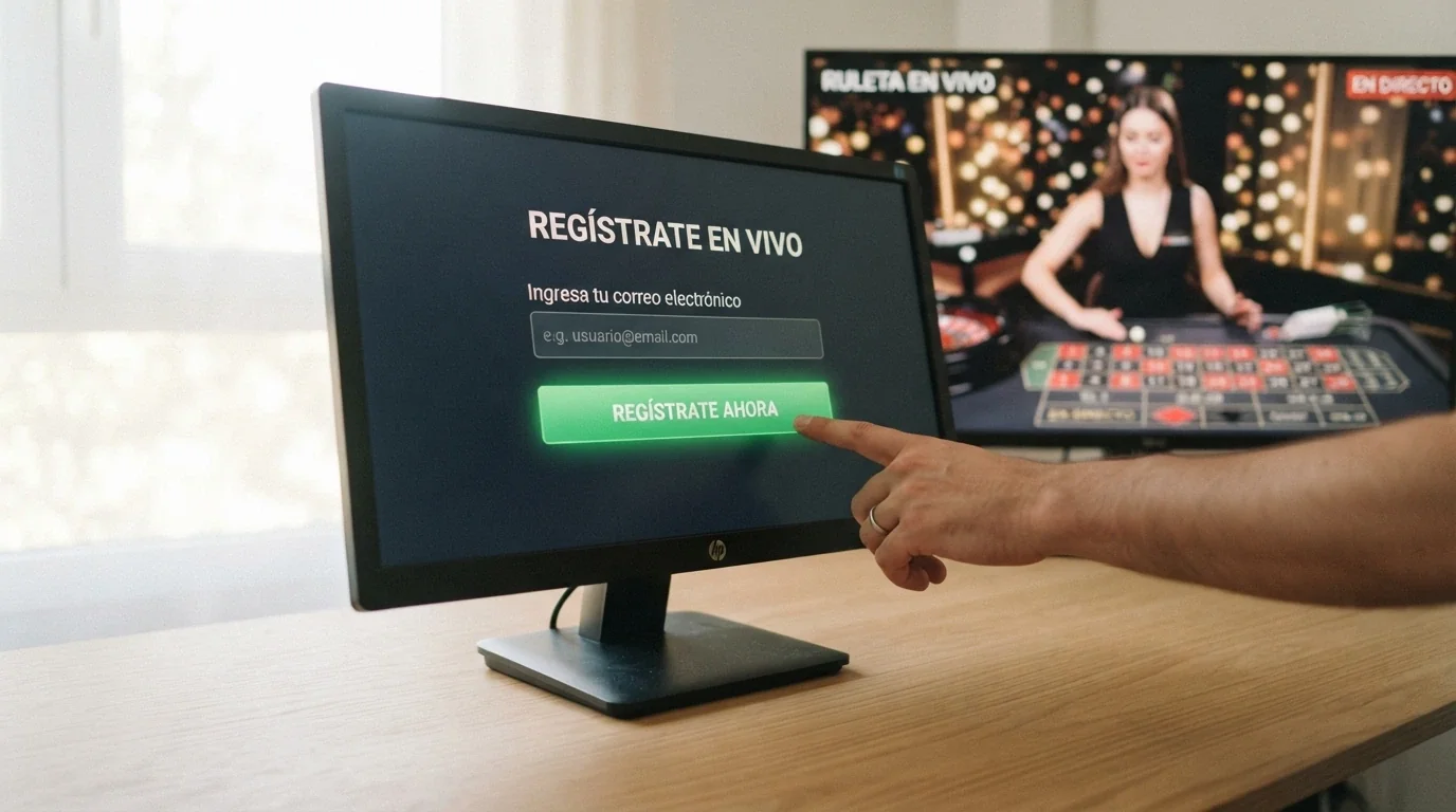 Mano haciendo clic en el botón de registro de un casino online .es, con una mesa de ruleta en vivo visible en segundo plano