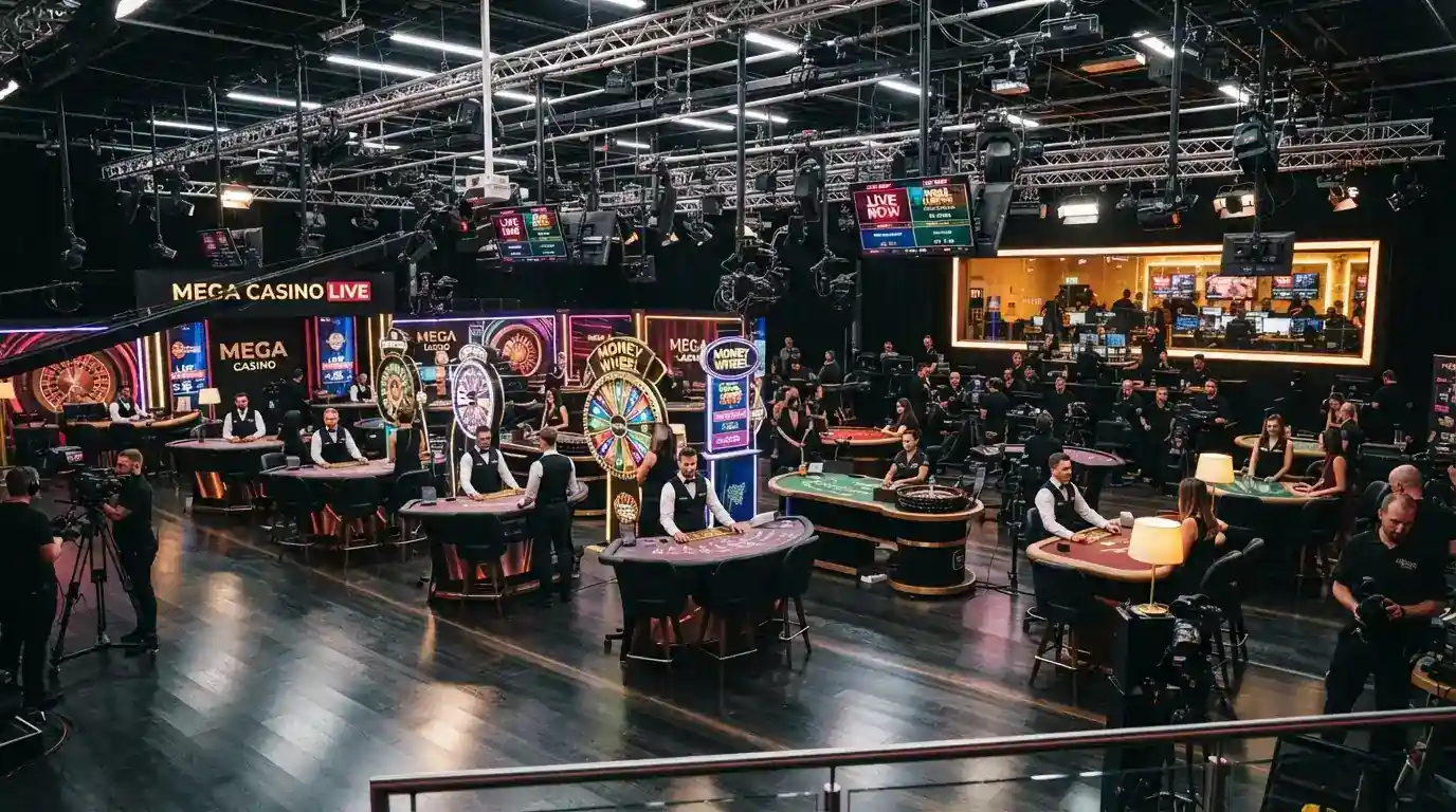 Estudio de transmisión de Evolution Gaming en Riga con múltiples mesas de casino en vivo y equipo de producción