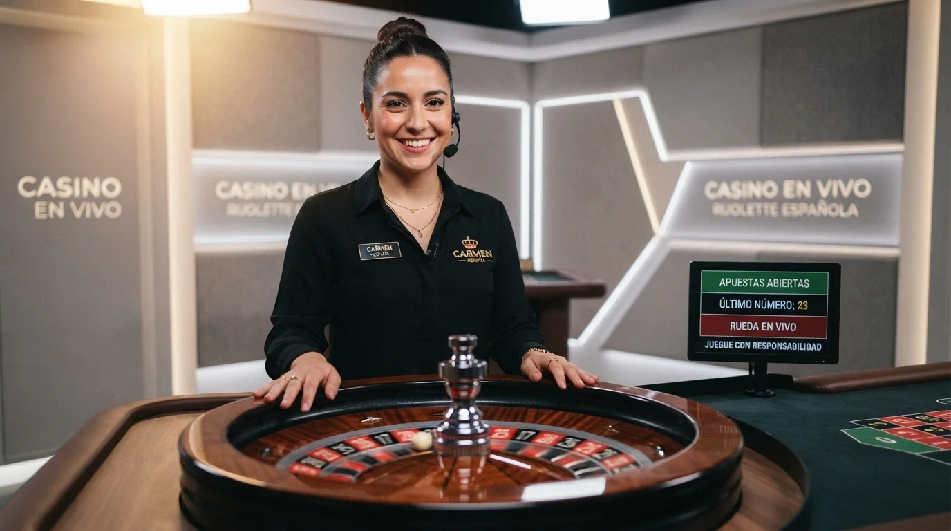 Crupier hispanohablante sonriendo desde una mesa de ruleta en un estudio profesional con el logotipo de Evolution visible en el entorno