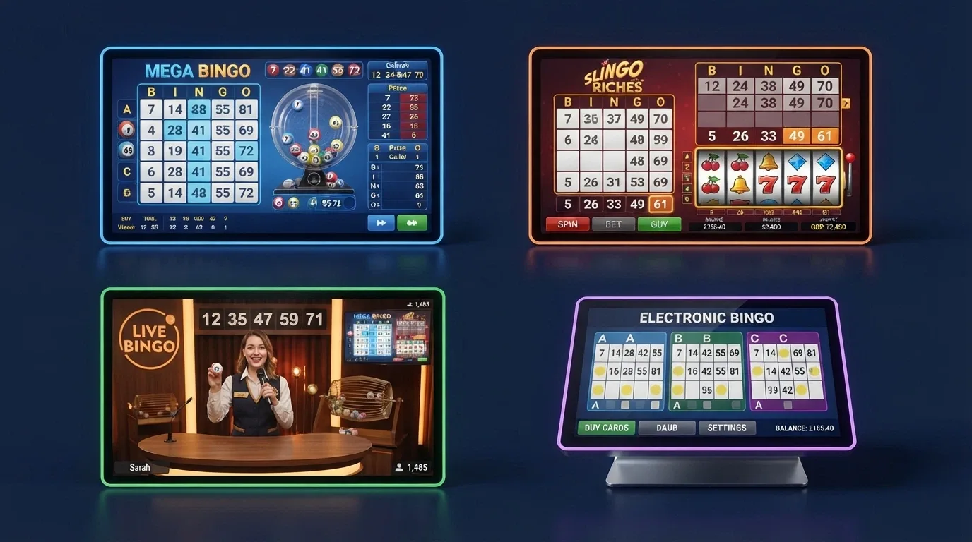 pantalla dividida con cuatro estilos de bingo: un cartón de video bingo, una partida de Slingo, un presentador de bingo en vivo y una máquina de bingo electrónico