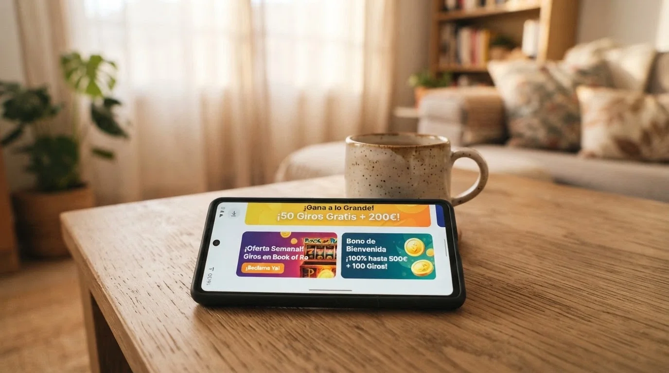 Un teléfono móvil mostrando la pantalla de promociones de giros gratis de un casino online español junto al icono de descarga de la aplicación
