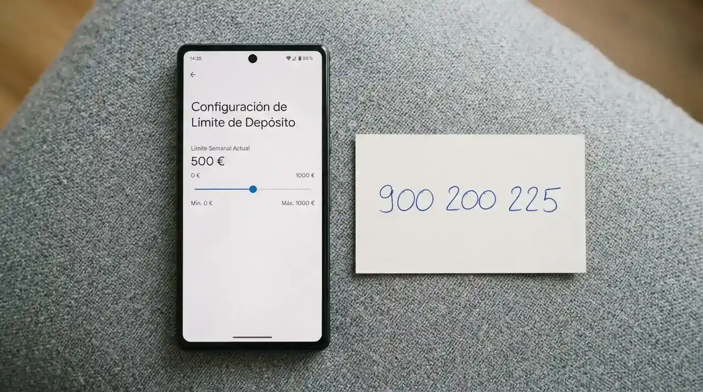 Teléfono móvil con la pantalla de configuración de límites de depósito de un casino, junto a una tarjeta con el número 900 200 225 de FEJAR anotado.