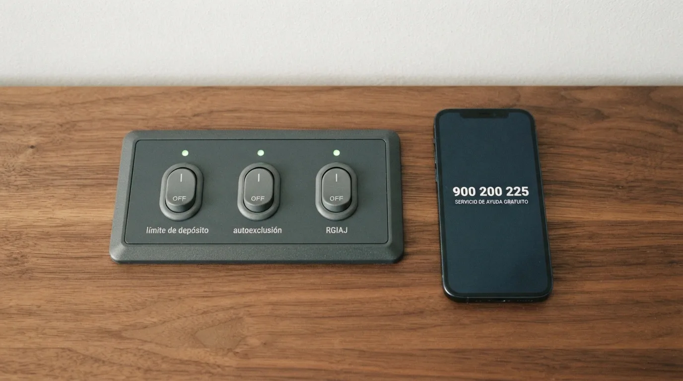 Un panel de control con interruptores etiquetados «límite de depósito», «autoexclusión» y «RGIAJ», con un teléfono junto a un número de ayuda, sobre un escritorio