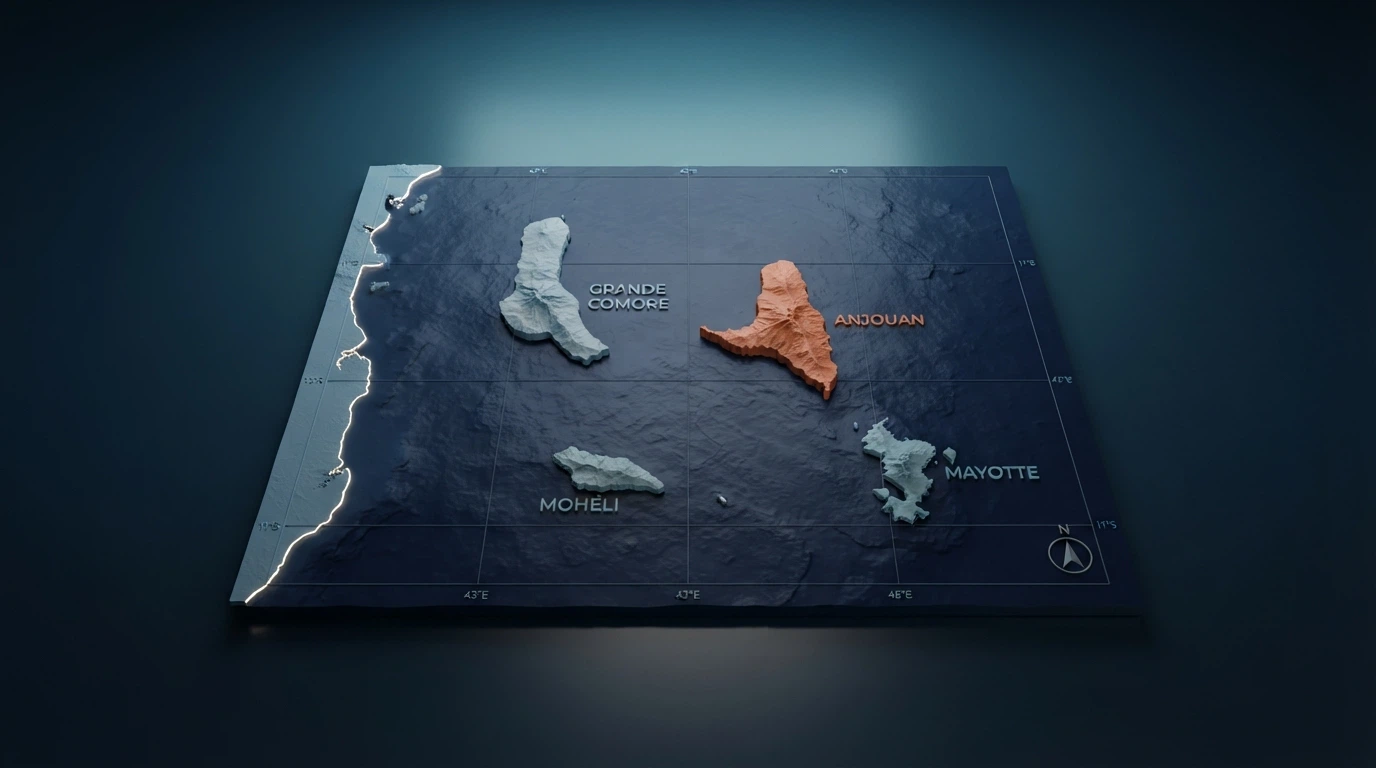 Mapa de la isla de Anjouan en el archipiélago de las Comoras, océano Índico