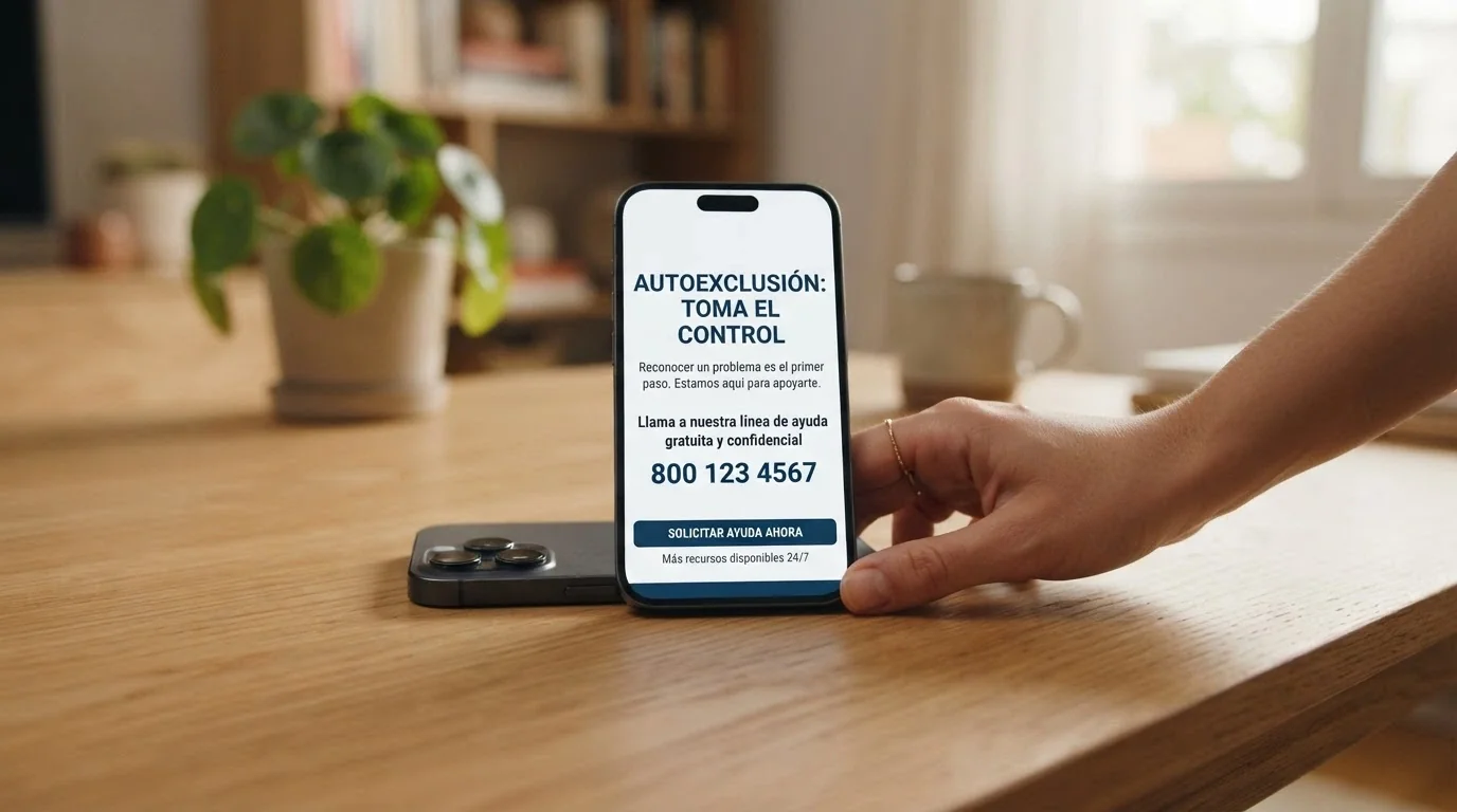 Mano apoyando un teléfono sobre una mesa, con la pantalla mostrando la web del RGIAJ y un número de teléfono de ayuda visible