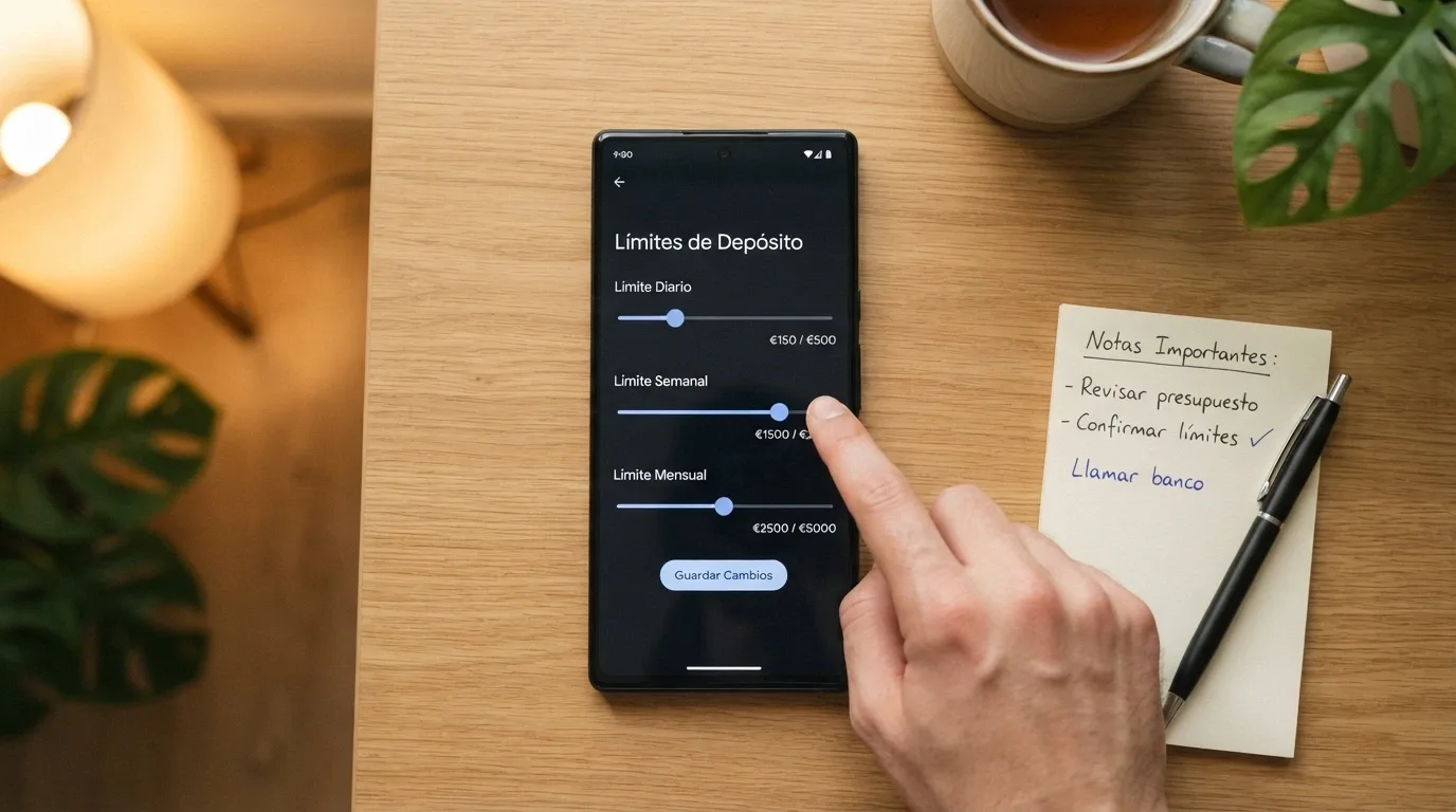 Un teléfono móvil con el número 900 533 025 en pantalla y unas manos ajustando voluntariamente los límites de depósito desde el panel de control de un operador
