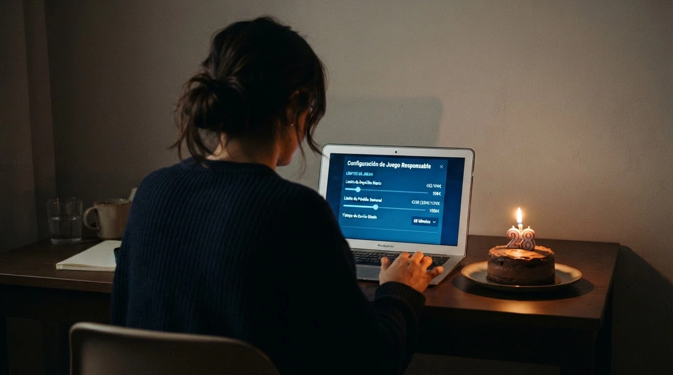 Un jugador configurando sus límites de depósito en el panel de juego responsable de un casino online, con un pastel de cumpleaños en segundo plano