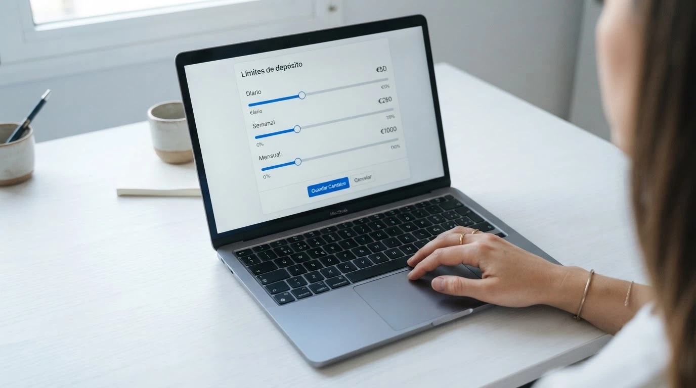 Una mano sobre un ratón de ordenador, con una pantalla mostrando la interfaz de configuración de límites de depósito de un casino online español
