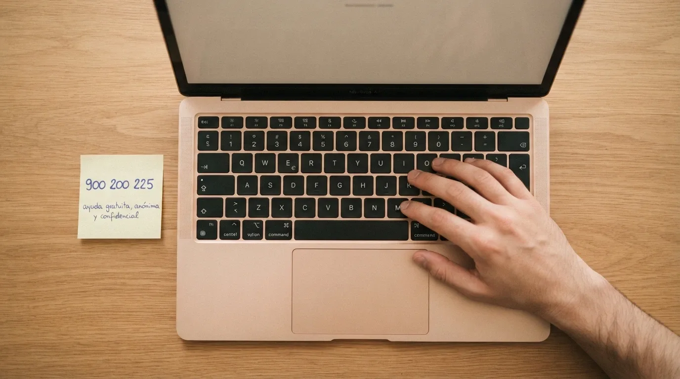 Manos sobre un teclado con una nota adhesiva que muestra el número 900 200 225 junto a las palabras «ayuda gratuita, anónima y confidencial»