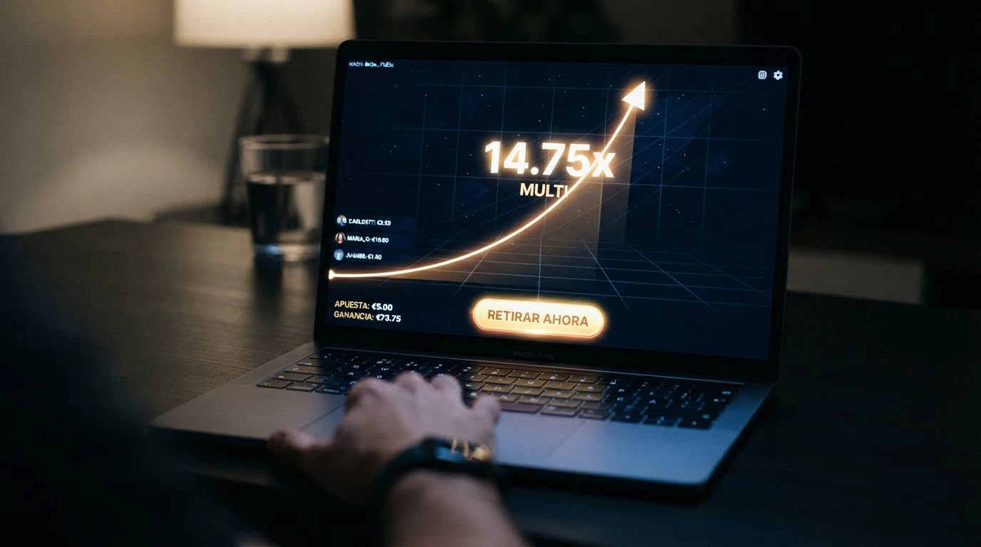 Pantalla de un juego de crash con el multiplicador subiendo en una curva exponencial y el botón de «retirar» pulsado justo antes del colapso, con el hash de verificación visible en una esquina