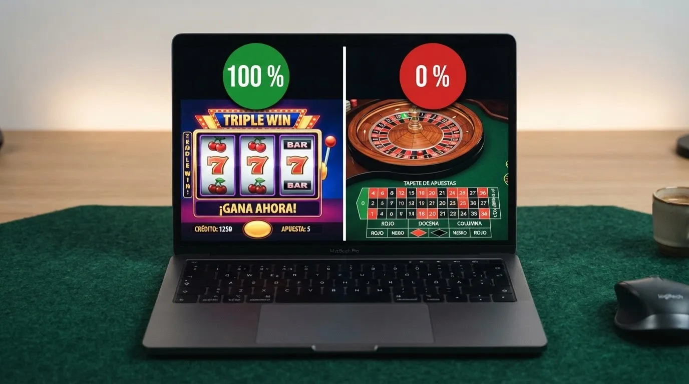 Una ruleta y una máquina de slots en la pantalla de un casino online, con un indicador visual de «100%» sobre las slots y «0%» sobre la ruleta en vivo