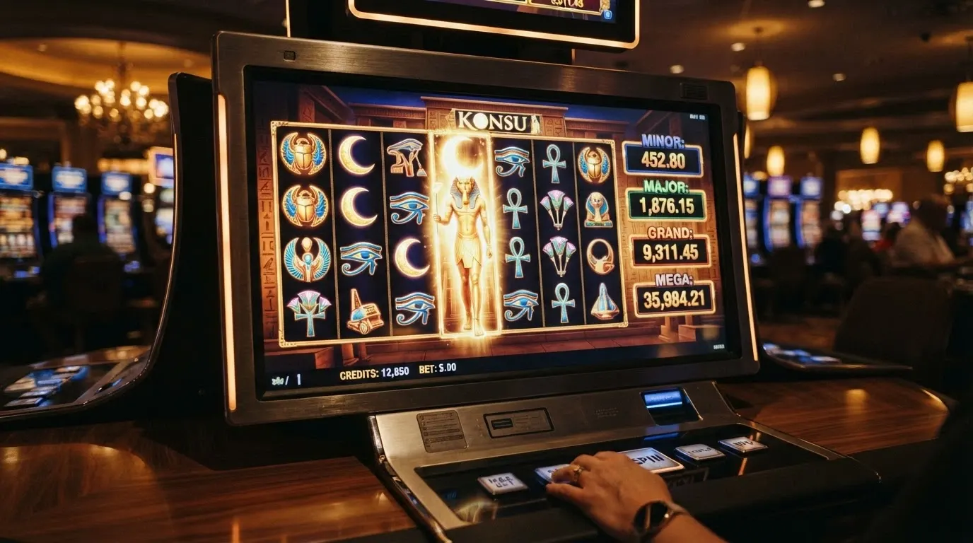 Recreación del slot Khonsu God of Moon en su variante Powerplay con la cuadrícula expandida y los símbolos egipcios