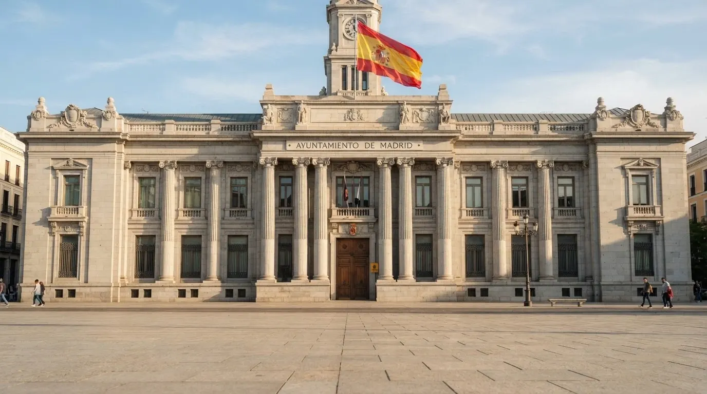 Fachada del edificio de la Dirección General de Ordenación del Juego en Madrid, con la bandera española y el escudo oficial visibles