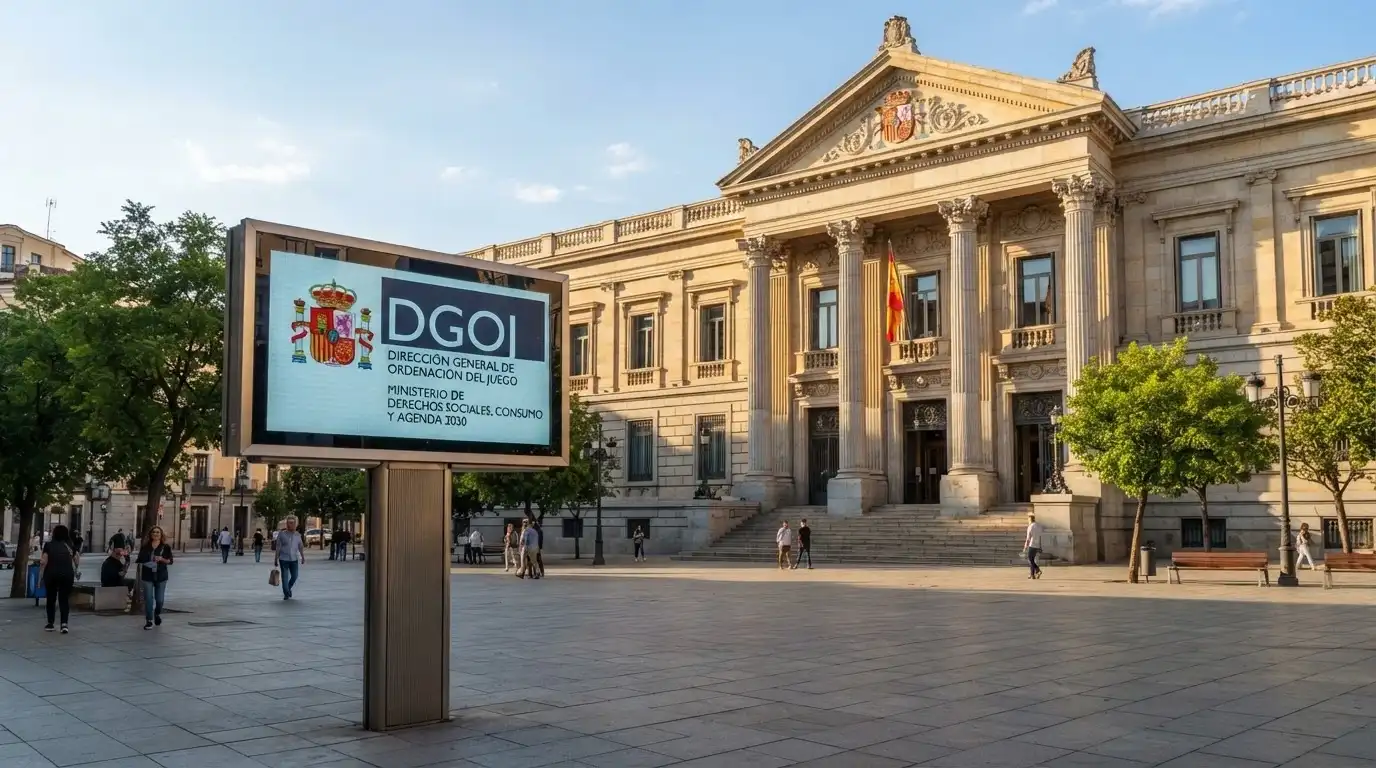 Fachada del Ministerio de Derechos Sociales, Consumo y Agenda 2030 junto al logo de la DGOJ