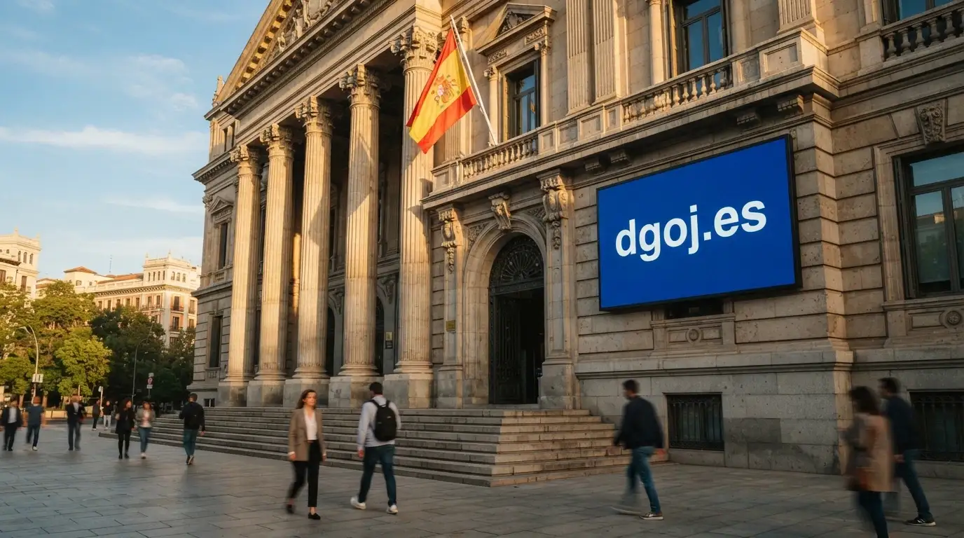 Fachada de un edificio institucional con la bandera de España y una pantalla que muestra el dominio .es de la DGOJ