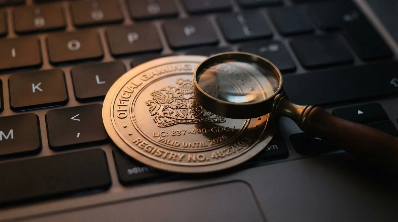 Primer plano de un sello de licencia de juego sobre un teclado, con una lupa inspeccionando el número de registro