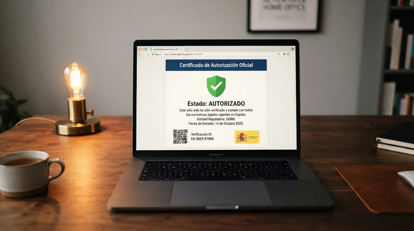 Sello oficial de la Dirección General de Ordenación del Juego junto a la URL .es de un operador autorizado en la barra del navegador