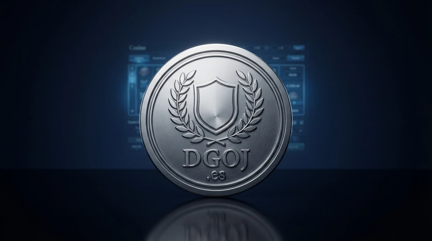 Un sello oficial con el escudo de España y el texto «DGOJ .es» sobre un fondo de pantalla de casino