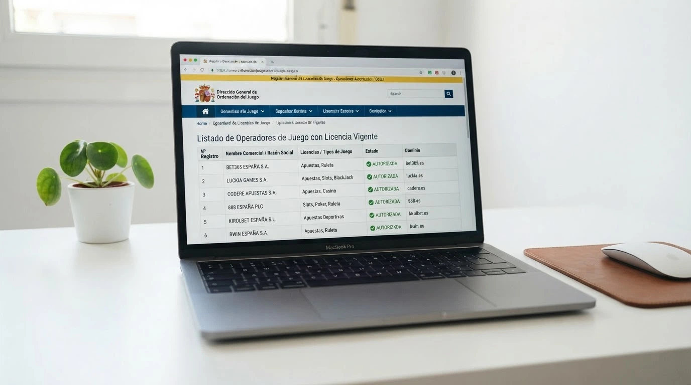Pantalla del registro público de la DGOJ en ordenacionjuego.es con el listado de operadores autorizados y el distintivo de dominio .es