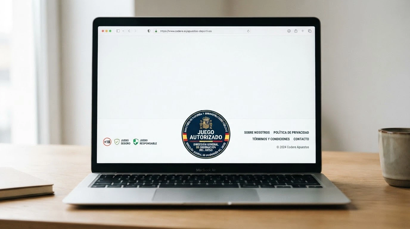 Primer plano del sello de Juego autorizado de la DGOJ sobre la pantalla de un navegador con la URL terminada en .es visible en la barra de direcciones