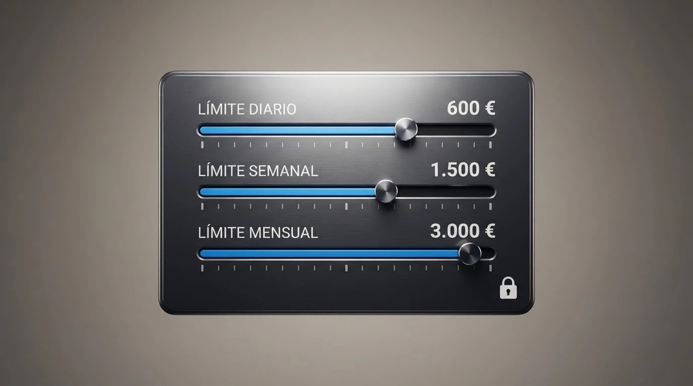 Un panel de configuración con tres deslizadores etiquetados con los importes diario, semanal y mensual, junto a un icono de candado