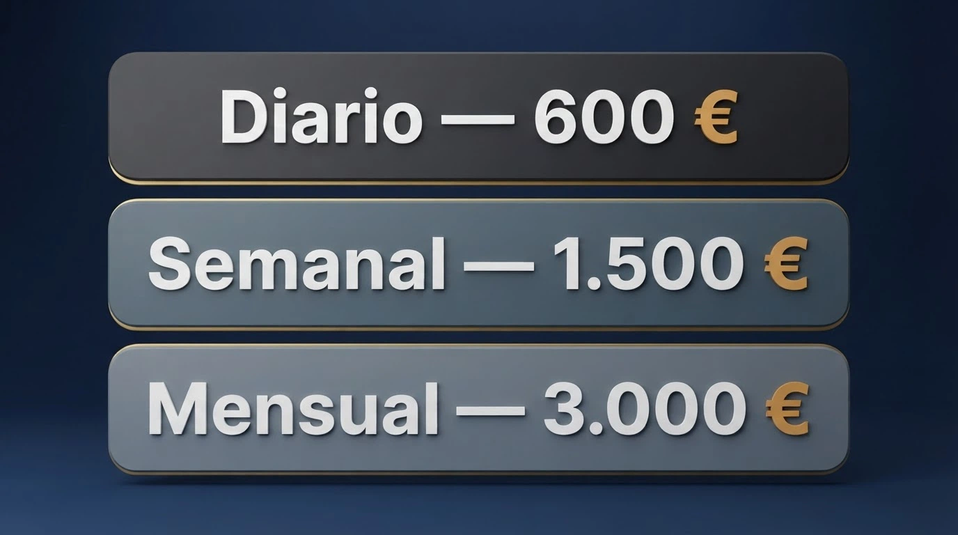 Representación de los tres tramos de límites de depósito (diario, semanal, mensual) con sus importes en euros
