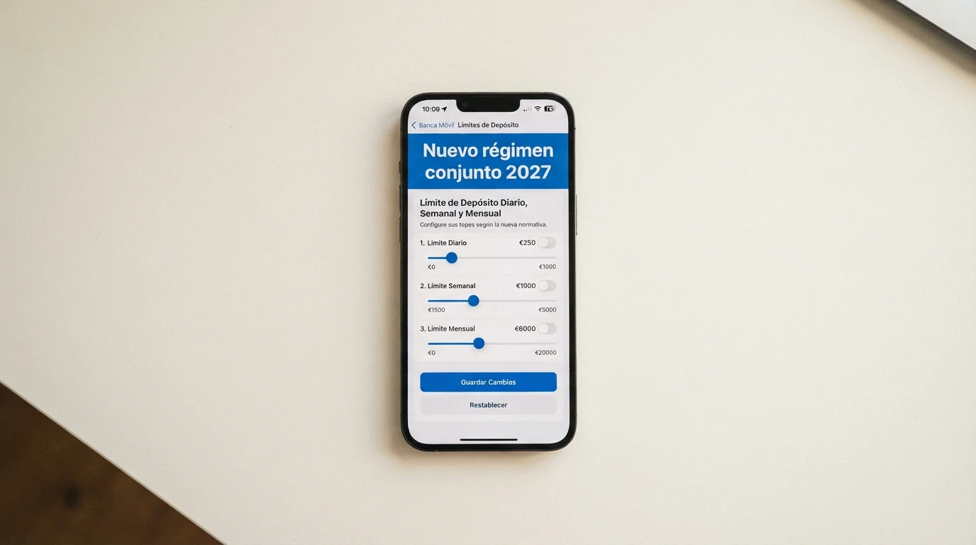 Panel de control de límites de depósito con los umbrales diario, semanal y mensual visibles, y una etiqueta destacando el nuevo régimen conjunto de 2027