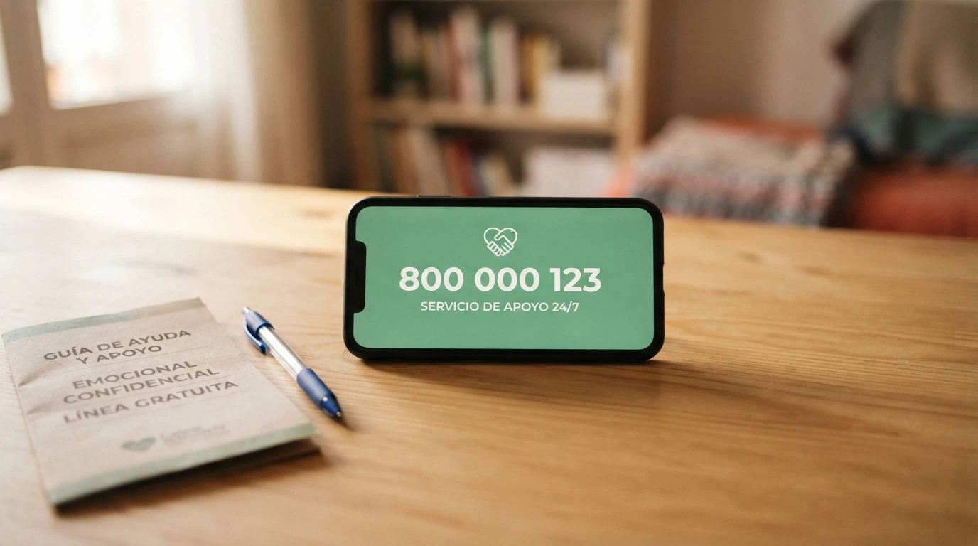 Un teléfono móvil con el número 900 200 222 en la pantalla y el logotipo de FEJAR, apoyado sobre una mesa junto a un folleto informativo