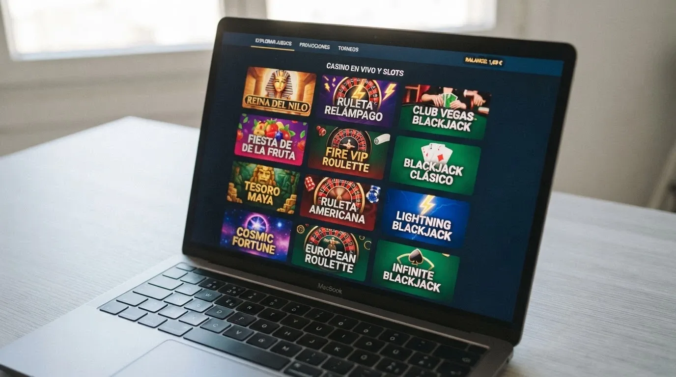 La cuadrícula de juegos de un lobby de casino online con tragaperras, ruleta y blackjack visibles y el saldo de 1 € en la esquina