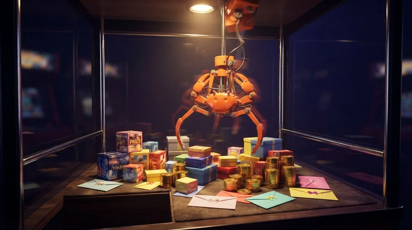 Animación del minijuego Bonus Crab con el cangrejo mecánico descendiendo hacia una pila de premios
