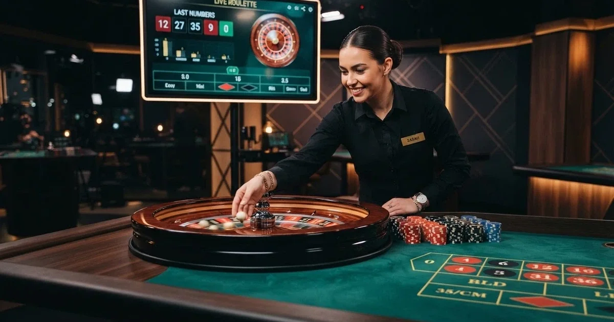 Crupier real de Evolution Gaming en una mesa de ruleta en vivo con interfaz de juego visible en pantalla