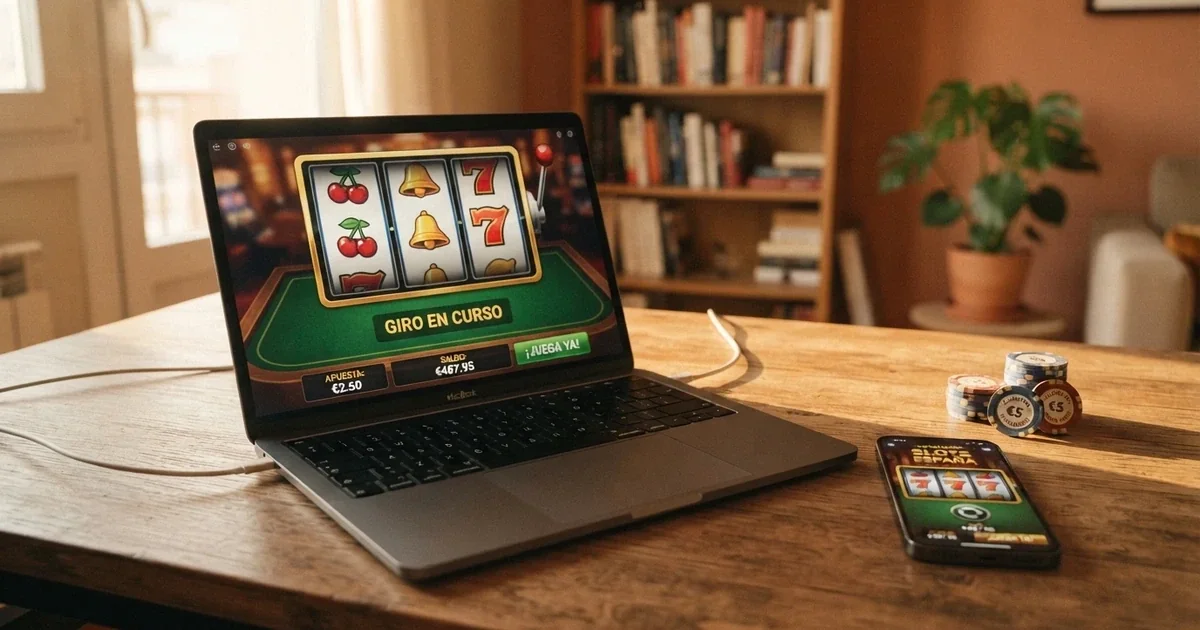 Escritorio con pantalla mostrando la web de un casino online español regulado, junto a un móvil con la misma página abierta, en un entorno doméstico bien iluminado