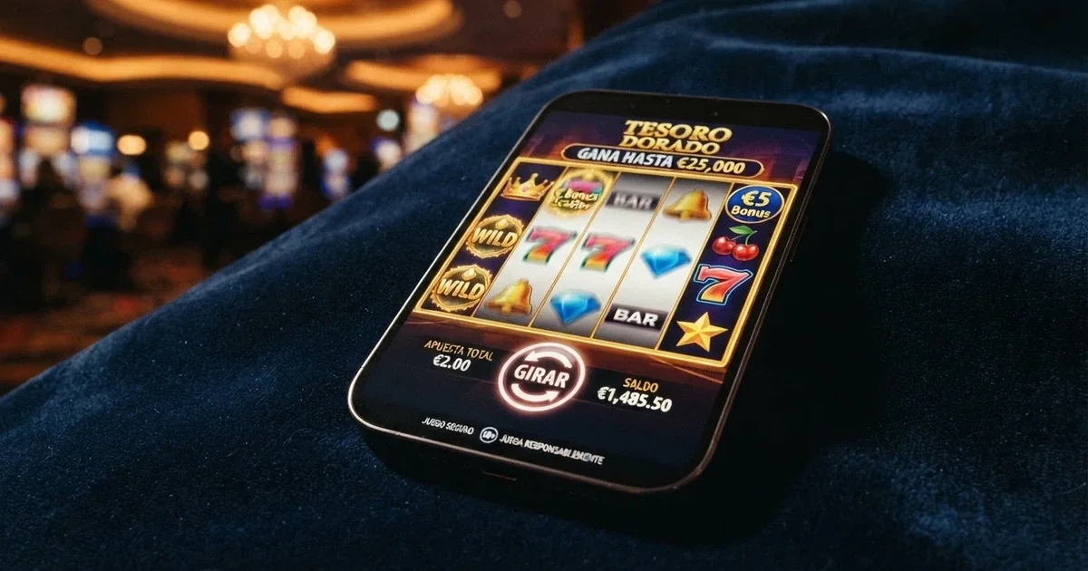 Interfaz de una slot online con carretes, símbolos de bonificación y botón de giro en un casino con licencia DGOJ