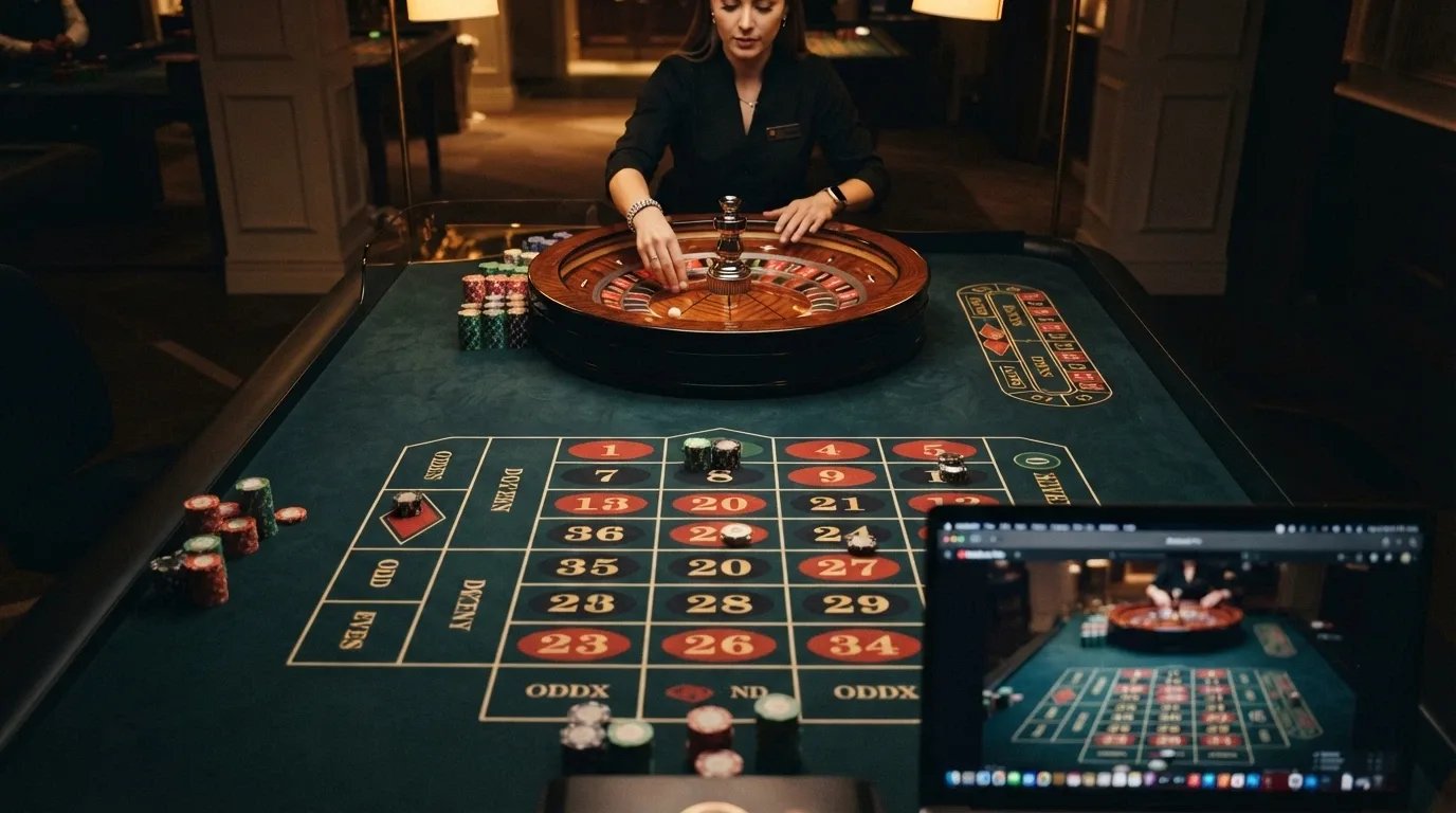 Mesa de ruleta en vivo con crupier real y la interfaz de apuestas del casino visible en pantalla