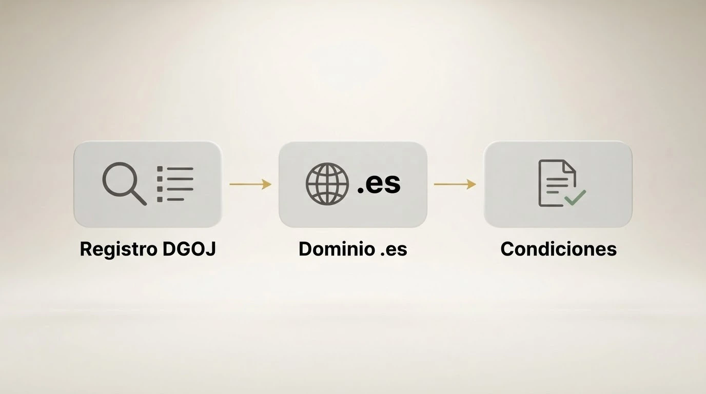 Representación del proceso de verificación: registro DGOJ, comprobación de dominio .es y análisis de condiciones de bienvenida