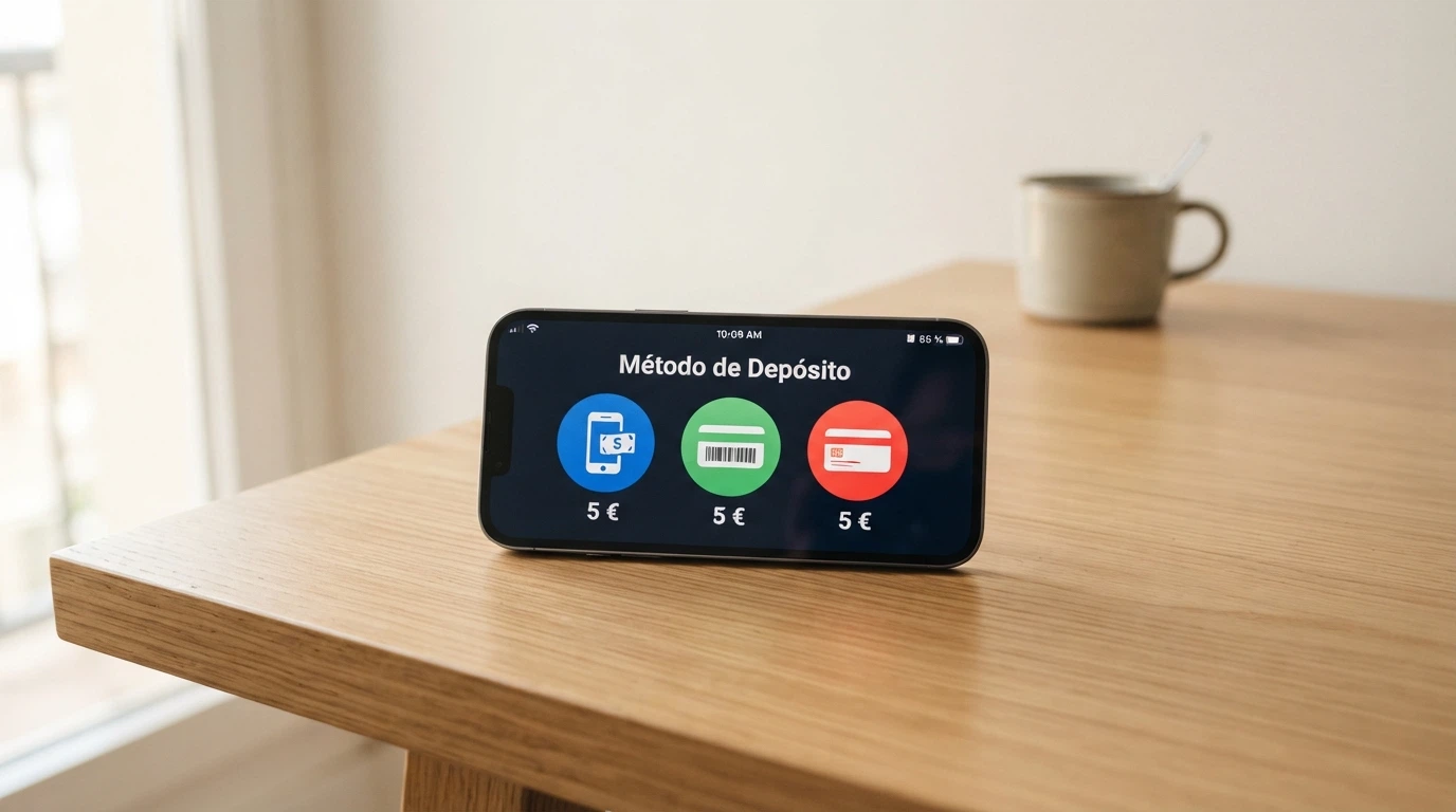 Pantalla de un teléfono mostrando los iconos de Bizum, Paysafecard y Visa como opciones de depósito en un casino online