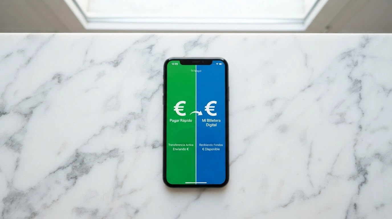 Un teléfono móvil con la pantalla de Bizum a la izquierda y la de un monedero electrónico a la derecha, con flechas que muestran que el dinero entra por una vía y sale por otra