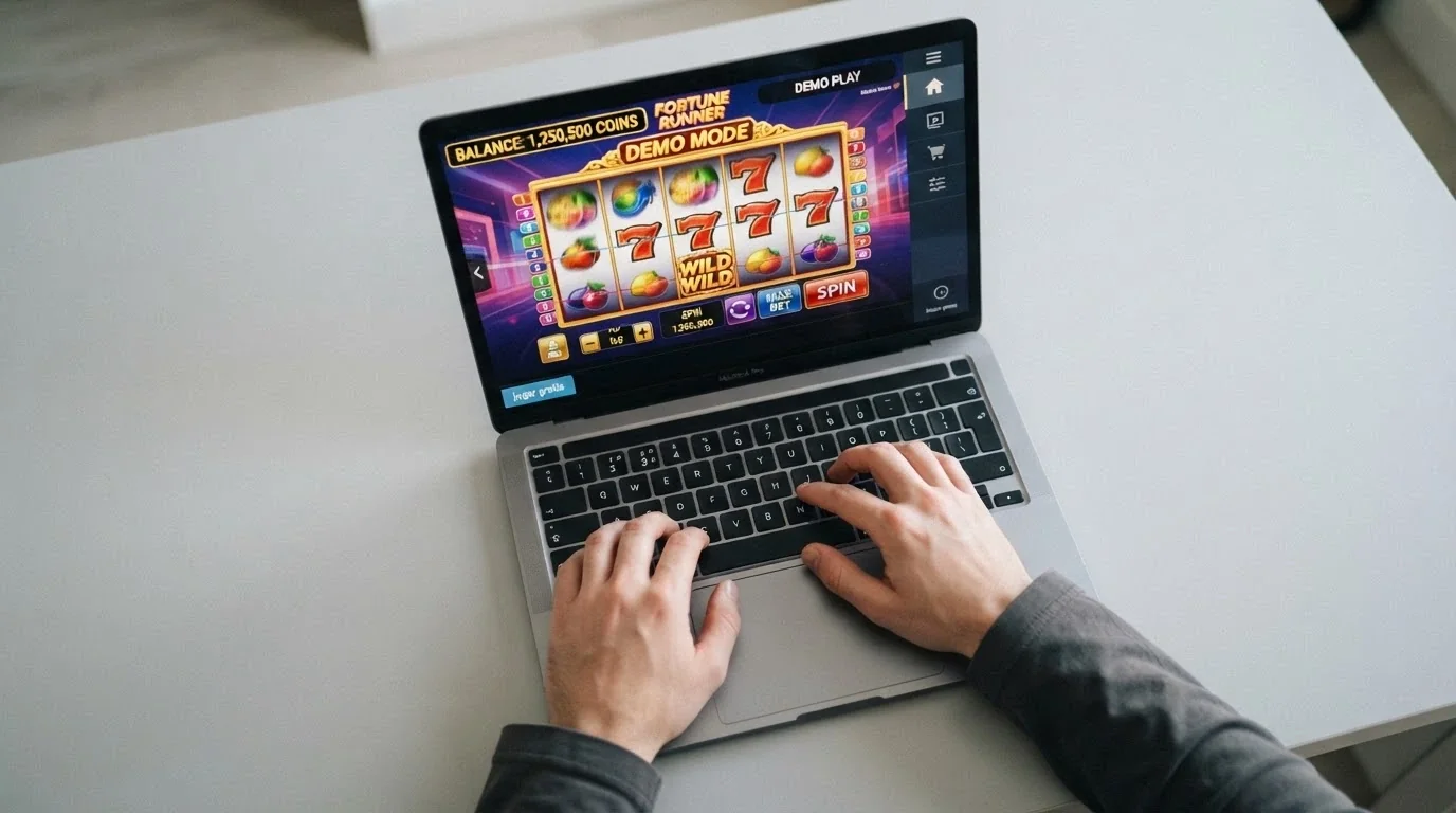 Una pantalla dividida: a la izquierda un slot en modo demo con fichas virtuales, a la derecha el botón de «jugar gratis» apenas visible en el menú del casino