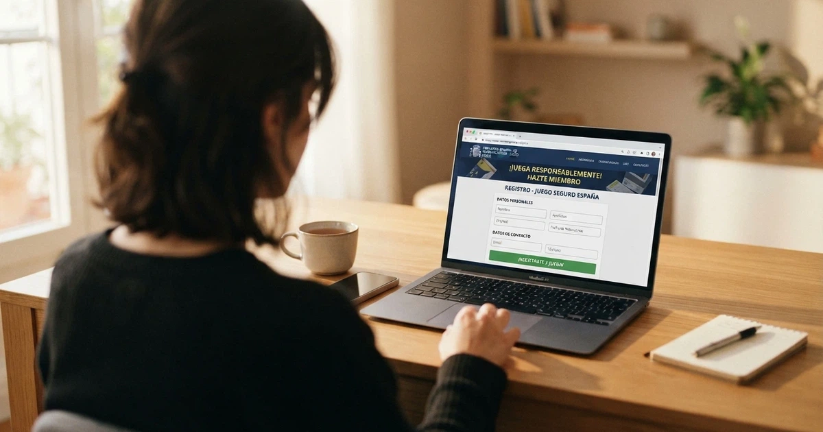 Un ordenador portátil mostrando la página de registro de un casino online nuevo con el logo de la DGOJ y el dominio .es visible en la barra de direcciones