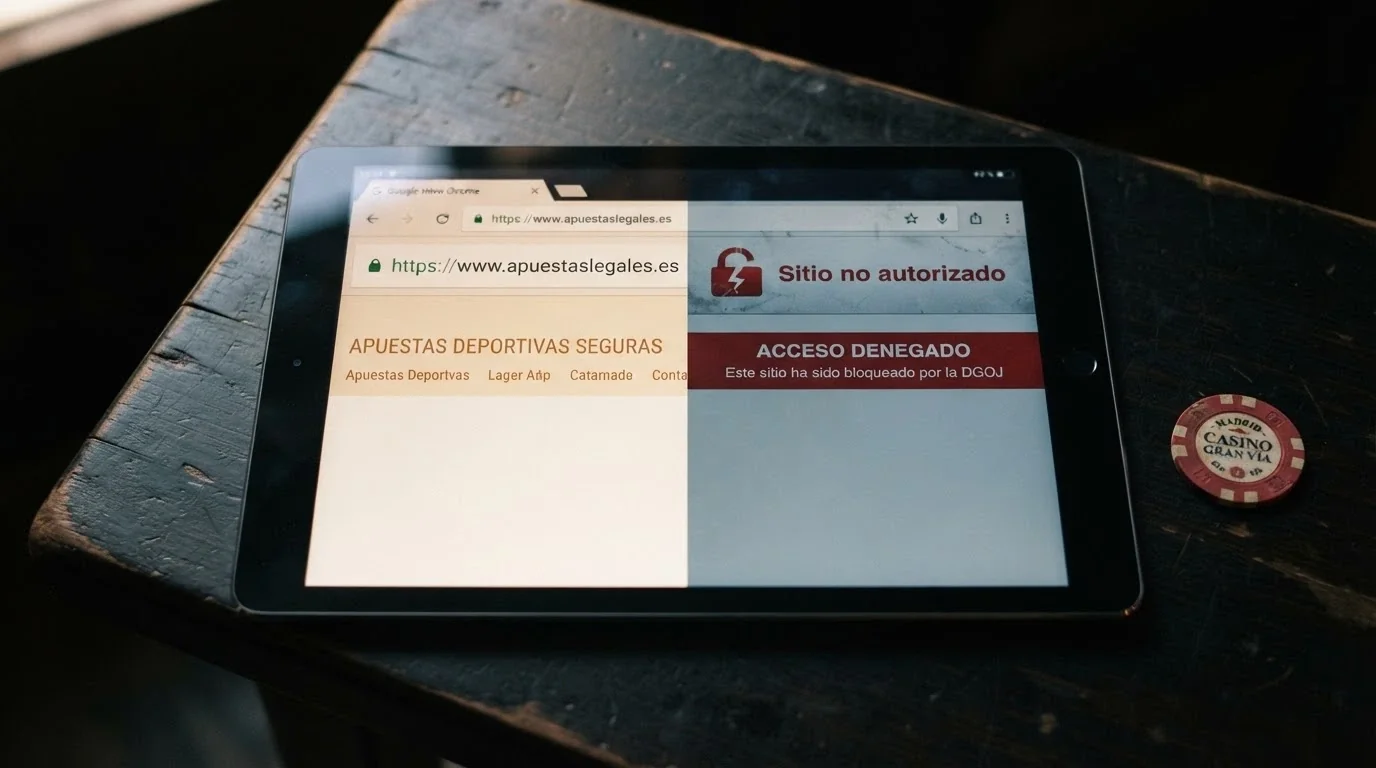 Representación de un dominio .es verificado frente a una web sin distintivo regulador, con un candado roto y aviso de sitio no autorizado